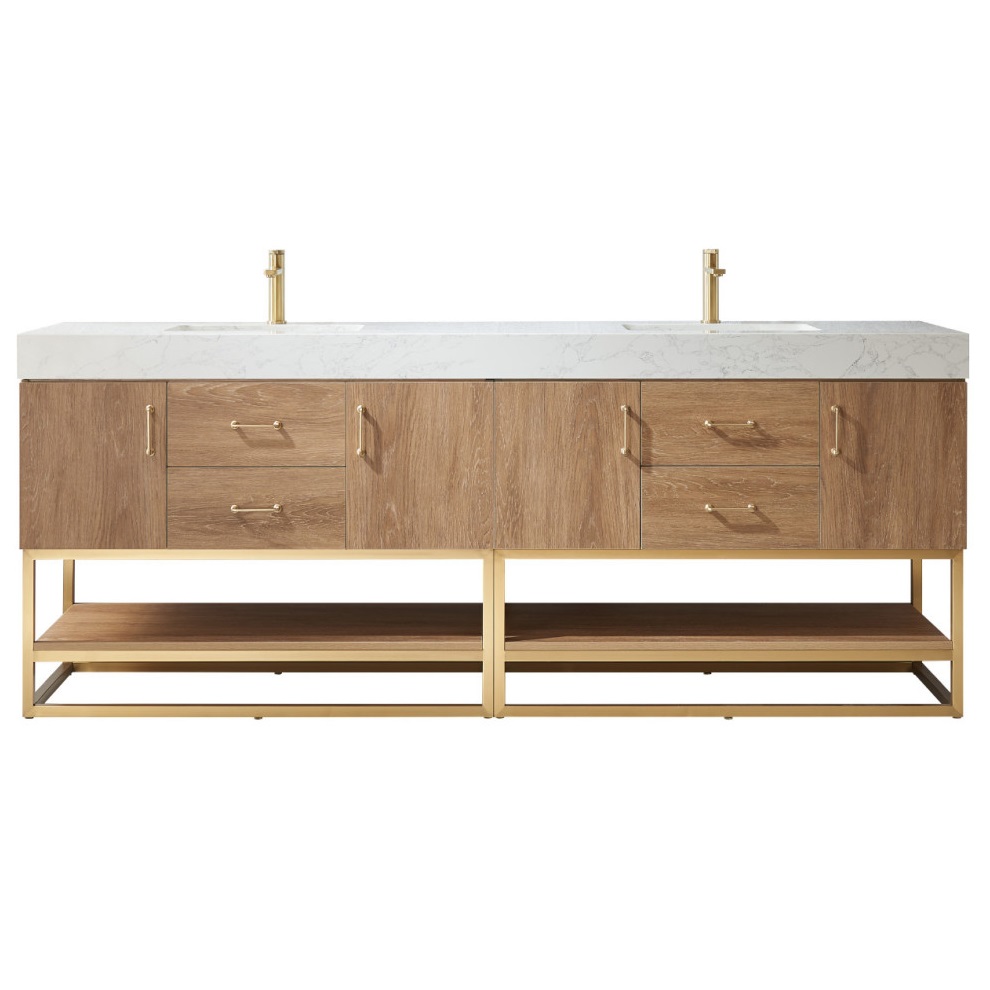 North American Oak wood Vanity Ace Material (1) North American Oak With Double Sink Countertop 84 Inches Vanity By Meranti - Image 1