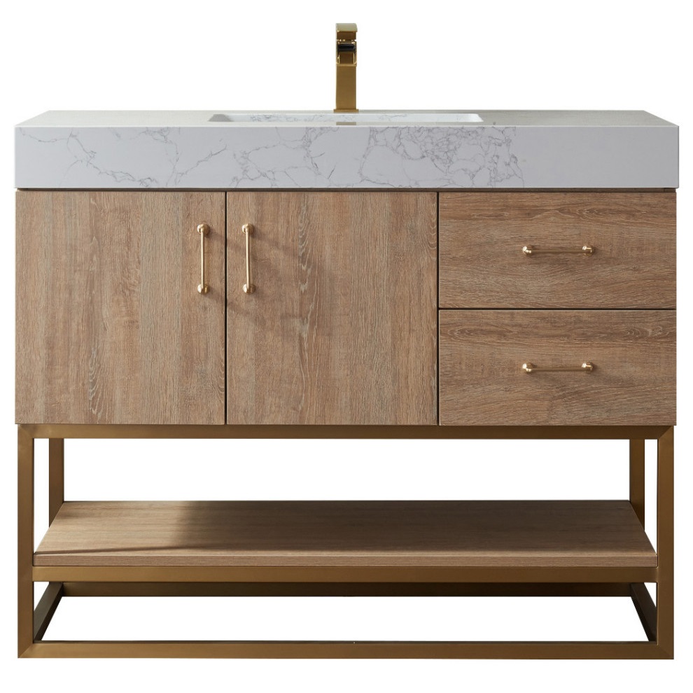 North American Oak wood Vanity Ace Material (1) North American Oak With Single Sink Countertop 42 Inches Vanity By Meranti - Image 1