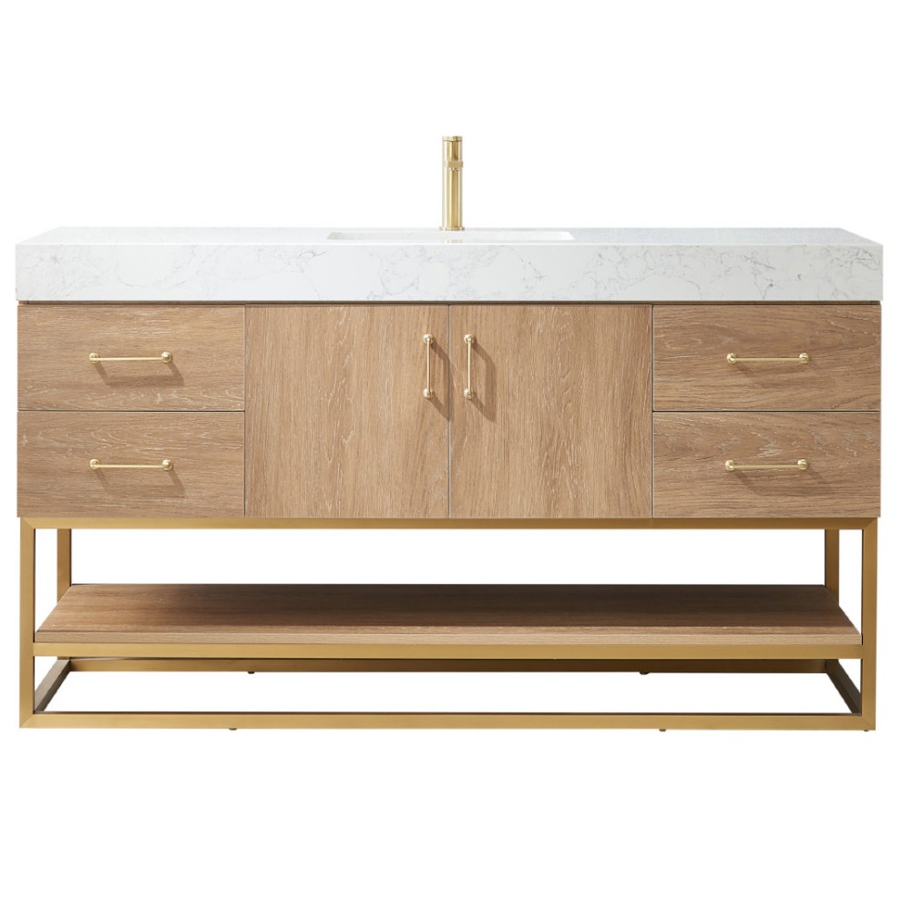 North American Oak wood Vanity Ace Material (2) North American Oak With Single Sink Countertop 60 Inches Vanity By Meranti - Image 1